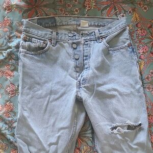 Light Blue Distressed Button-Fly Jeans